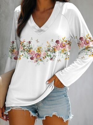 Basic Regular Floral Round Neck Long Sleeve Top - Image 17