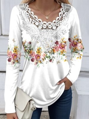 Basic Regular Floral Round Neck Long Sleeve Top - Image 21