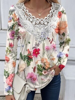 Basic Regular Floral Round Neck Long Sleeve Top - Image 22