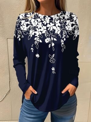 Basic Regular Floral Round Neck Long Sleeve Top - Image 4