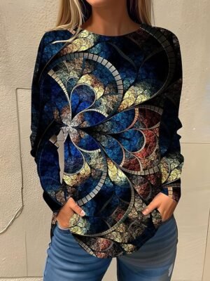 Basic Regular Floral Round Neck Long Sleeve Top - Image 6