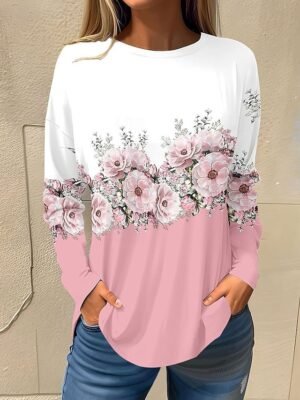 Basic Regular Floral Round Neck Long Sleeve Top - Image 9
