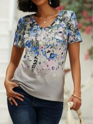 Basic Regular Floral V Neck Short Sleeve Top - Image 2