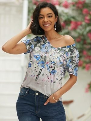 Basic Regular Floral V Neck Short Sleeve Top - Image 3