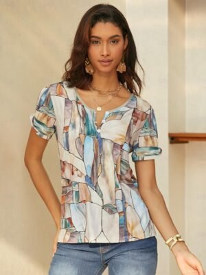 Basic Regular Graphic V Neck Short Sleeve Top - Image 3