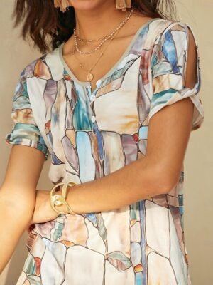 Basic Regular Graphic V Neck Short Sleeve Top - Image 5