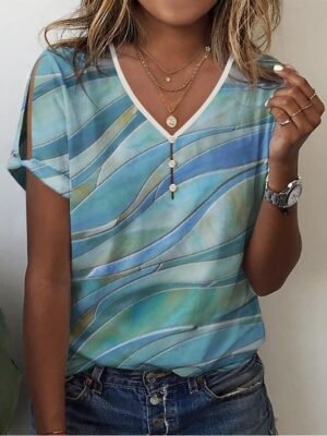 Basic Regular Graphic V Neck Short Sleeve Top - Image 6