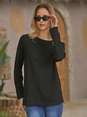Basic Regular Plain Round Neck Long Sleeve Blouse - Image 3