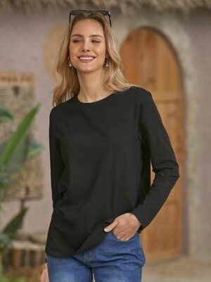Basic Regular Plain Round Neck Long Sleeve Blouse - Image 4
