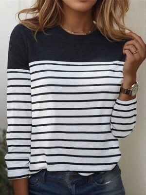 Basic Regular Striped Round Neck Long Sleeve Tops - Image 1