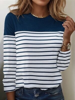 Basic Regular Striped Round Neck Long Sleeve Tops - Image 10