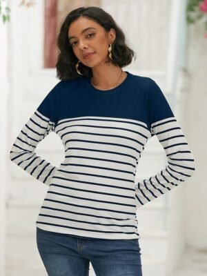 Basic Regular Striped Round Neck Long Sleeve Tops - Image 11