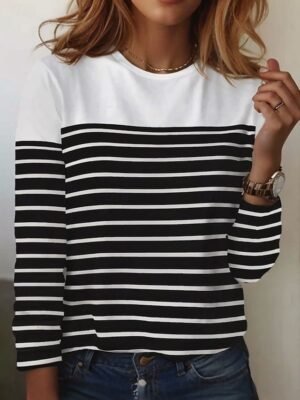 Basic Regular Striped Round Neck Long Sleeve Tops - Image 12