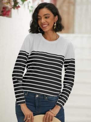 Basic Regular Striped Round Neck Long Sleeve Tops - Image 13