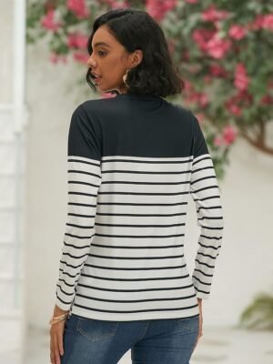 Basic Regular Striped Round Neck Long Sleeve Tops - Image 3