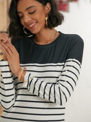Basic Regular Striped Round Neck Long Sleeve Tops - Image 4