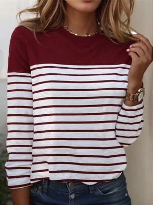 Basic Regular Striped Round Neck Long Sleeve Tops - Image 6