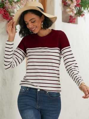 Basic Regular Striped Round Neck Long Sleeve Tops - Image 7