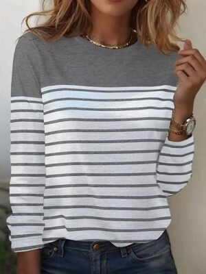 Basic Regular Striped Round Neck Long Sleeve Tops - Image 8