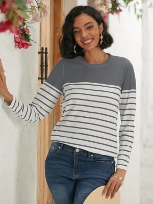 Basic Regular Striped Round Neck Long Sleeve Tops - Image 9
