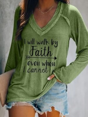 Basic Regular Text V Neck Long Sleeve Top - Image 7