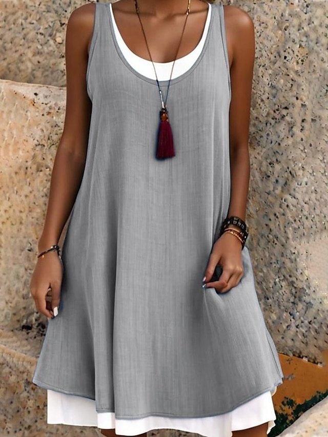 Basic Slim Plain Crew Neck Sleeveless Mini Skater Dress - Image 2