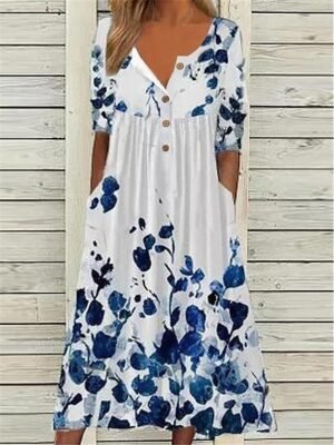 Blue Floral Print V Neck Short Sleeve Midi A-Line Dress - Image 5