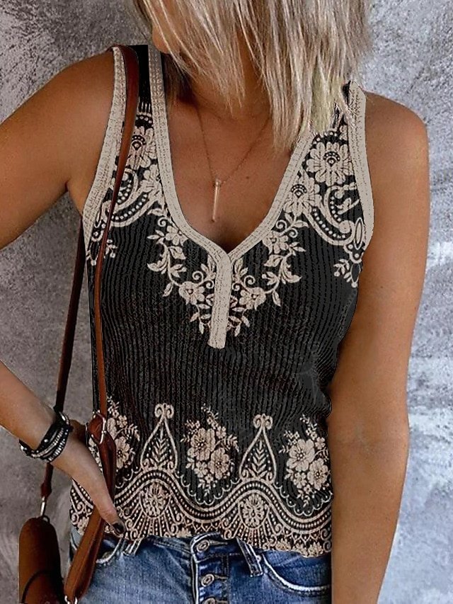 Bohemian Fitted Paisley V Neck Sleeveless Ribbed Camisole - Image 1
