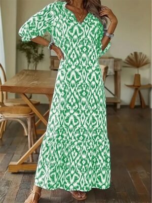 Bohemian Ikat Print V Neck Long Sleeve Maxi Dress - Image 2
