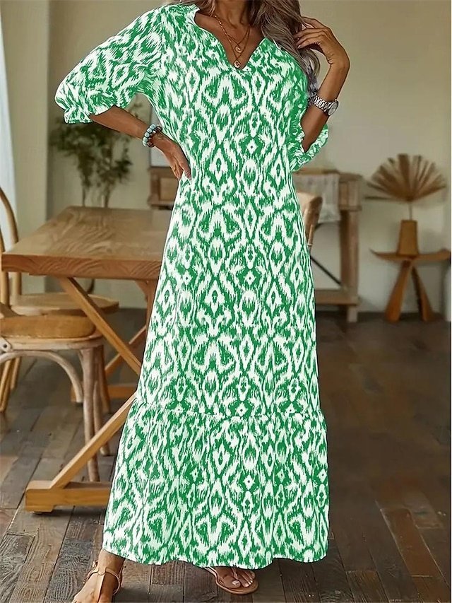 Bohemian Ikat Print V Neck Long Sleeve Maxi Dress - Image 2