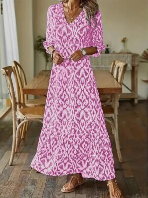 Bohemian Ikat Print V Neck Long Sleeve Maxi Dress - Image 3