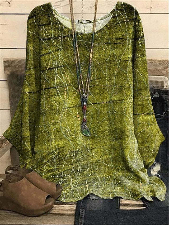 Bohemian Oversized Leafy Print Round Neck Long Bell Sleeve Pullover Blouse - Image 1