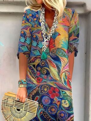 Bohemian Regular Fit Oil Painting V Neck Half Sleeve Mini Dress - Image 4