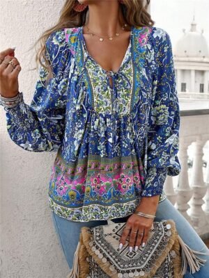 Boho Casual Floral Lace Up V Neck Long Sleeve Regular Tops - Image 15