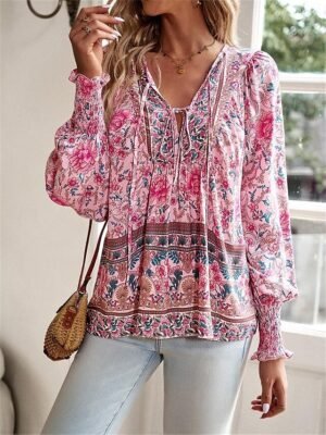 Boho Casual Floral Lace Up V Neck Long Sleeve Regular Tops - Image 2