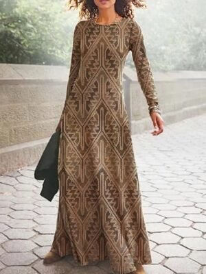 Boho Casual Geometric Crew Neck Long Sleeve Maxi Dress - Image 1