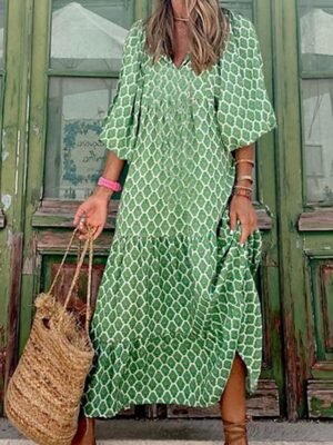 Boho Chic Loose Geometric V Neck 3/4 Sleeve Long Dress - Image 1
