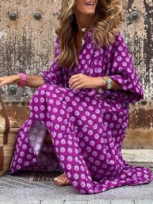 Boho Chic Loose Geometric V Neck 3/4 Sleeve Long Dress - Image 7