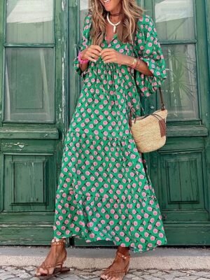 Boho Chic Loose Geometric V Neck 3/4 Sleeve Long Dress - Image 8