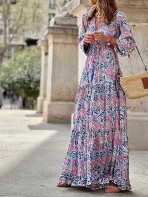 Boho Chic Regular Fit Floral V Neck Long Sleeve Maxi Dress - Image 1