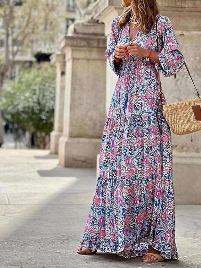 Boho Chic Regular Fit Floral V Neck Long Sleeve Maxi Dress - Image 1