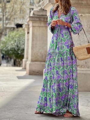 Boho Chic Regular Fit Floral V Neck Long Sleeve Maxi Dress - Image 3