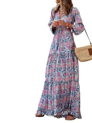 Boho Chic Regular Fit Floral V Neck Long Sleeve Maxi Dress - Image 5