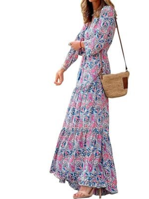Boho Chic Regular Fit Floral V Neck Long Sleeve Maxi Dress - Image 6
