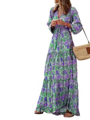 Boho Chic Regular Fit Floral V Neck Long Sleeve Maxi Dress - Image 7
