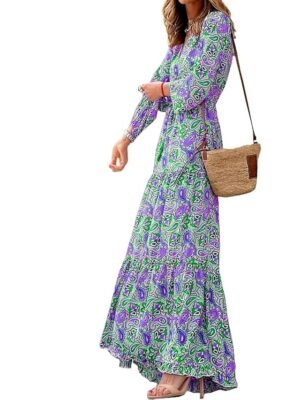 Boho Chic Regular Fit Floral V Neck Long Sleeve Maxi Dress - Image 8