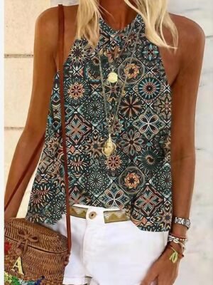 Boho Ethnic Graphic Halter Sleeveless Camisole Top - Image 1