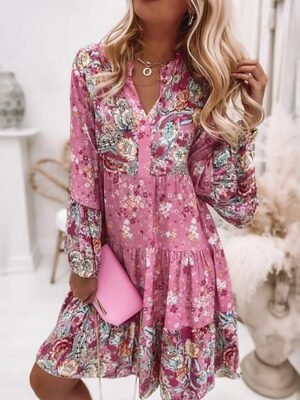 Boho Flare Paisley V Neck Long Sleeve Midi Dress - Image 2