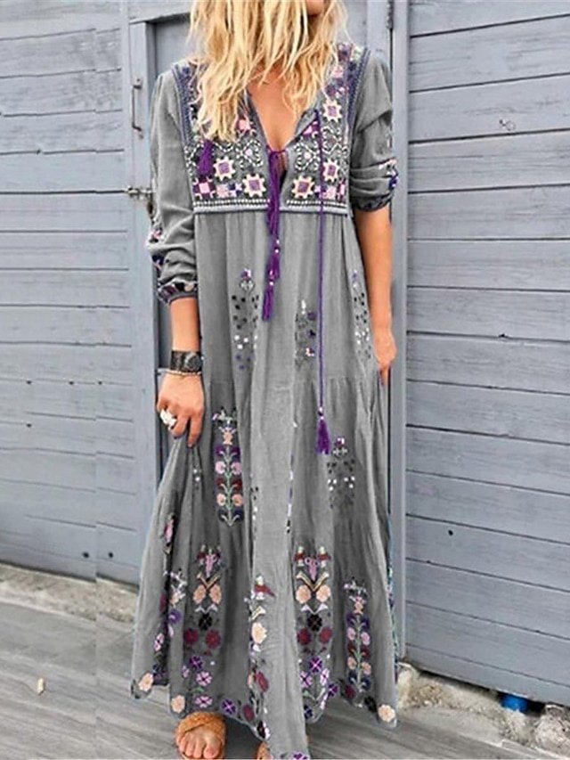 Boho Loose Ethnic Floral V Neck Three-Quarter Sleeve Maxi Dress - Image 2