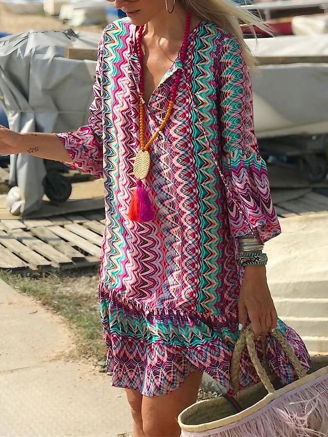 Boho Loose Fit Colour Block V Neck Long Sleeve Midi Dress - Image 1